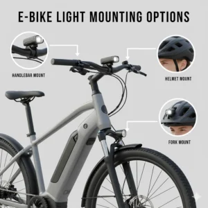 Close-up view of various mounting positions for an electric bike light, including the handlebar, helmet, and fork.