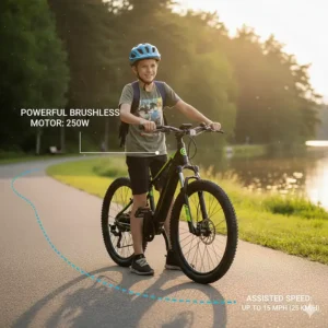 Illustration showing the motor and power rating (e.g., 250W or 350W) of a youth-appropriate e-bike.