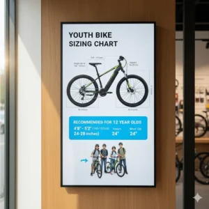 Sizing chart illustration for a youth electric bike, highlighting dimensions for a 12-year-old.