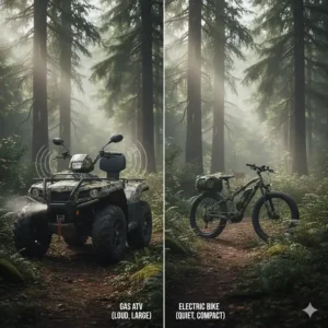 The compact size and minimal noise of an electric hunting bike compared to a gas-powered ATV.