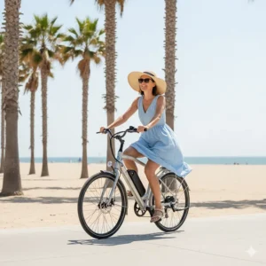 A woman effortlessly cruising on an Ecotric electric bike on a beach boardwalk, highlighting the bike's comfortable and relaxed riding experience.
