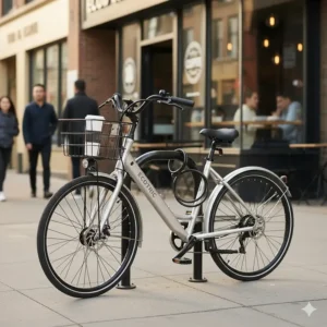 An Ecotric electric bike parked outside a bustling coffee shop, illustrating its convenience for urban daily life and errands.