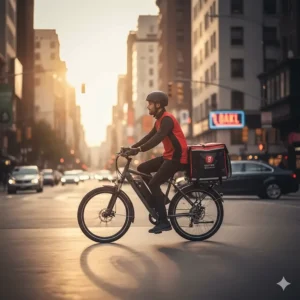 A delivery person efficiently navigating city streets on an Ecotric electric bike, demonstrating its practical use for fast and eco-friendly urban delivery services.