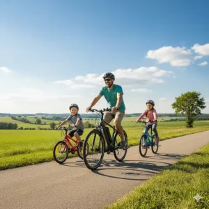 A family enjoying a scenic bike ride together, with the father on an Ecotric electric bike, highlighting its versatility for family outings and diverse riders.