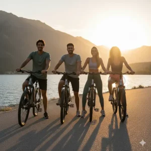 A diverse group of friends enjoying a sunset ride on their Ecotric electric bikes along a scenic lake path, showcasing the joy and camaraderie of electric biking.