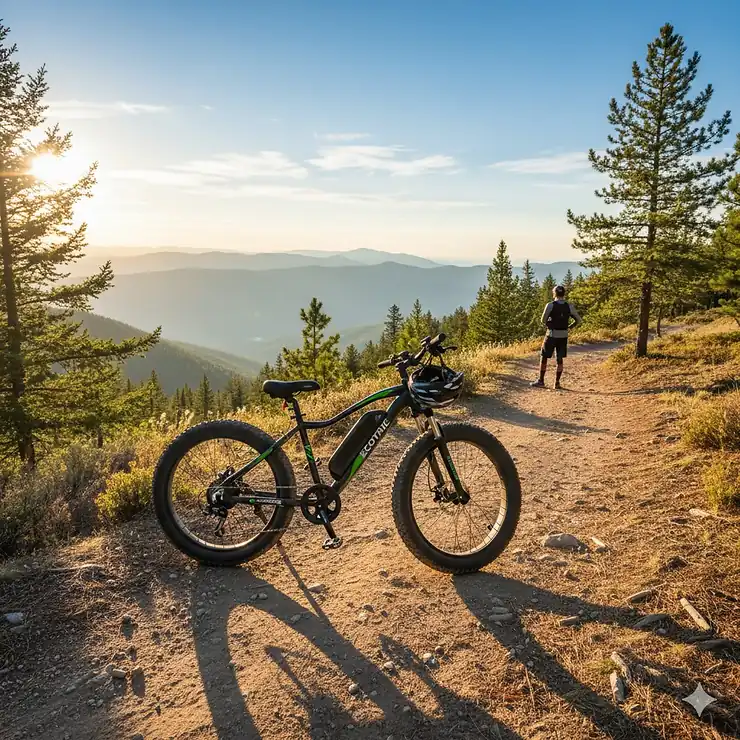 An Ecotric electric bike parked on a scenic mountain trail with a rider looking at the distant landscape, highlighting adventure and outdoor exploration.