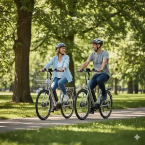 A couple enjoying a leisurely ride on their Ecotric electric bikes through a lush park, depicting the bike's suitability for recreational and shared experiences.