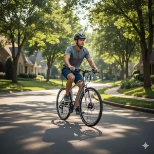 A man riding an Ecotric electric bike uphill on a suburban road, demonstrating the bike's power and ease for everyday commuting and fitness.