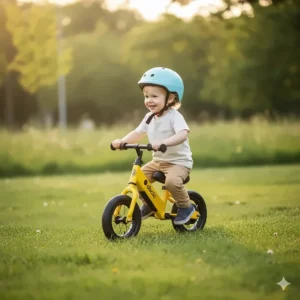 Toddler riding a small, low-speed electric balance bike in a grassy area, suitable for the youngest riders learning to balance.