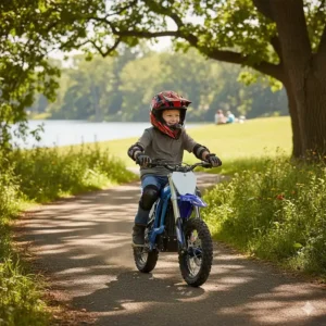 Electric bike for 8 year old boy riding safely on a paved trail, wearing a helmet and pads.
