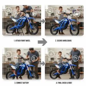 Step-by-step assembly guide for a new electric bike for 8 year old boy's first ride.