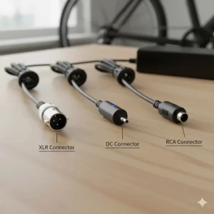 Different types of charging connectors for a 48V electric bike charger, such as XLR and DC plugs.