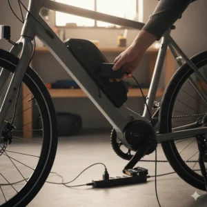 Close-up view of an electric bike charger being plugged into the charging port of a lithium-ion e-bike battery, illustrating the simple process of charging an electric bicycle.