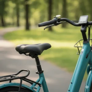 Detail of a wide, cushioned comfort saddle and ergonomic handlebars on an e-bike, ideal for seniors.