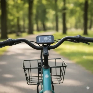 Clear view of an easy-to-read LED display panel for controlling speed and pedal-assist on an electric bike.