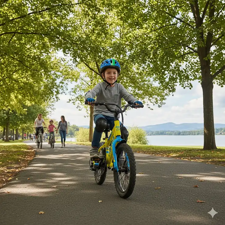 Electric bikes for kids: young boy in a helmet riding a vibrant e-bike down a sunny path.