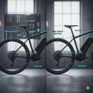 Diagram comparing the placement and function of hub motor and mid-drive motor systems for an electric bike.
