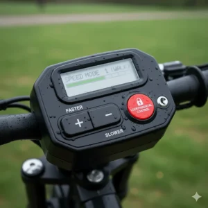 Close-up of the easy-to-use parental control and speed limiter settings on a toddler electric bike.