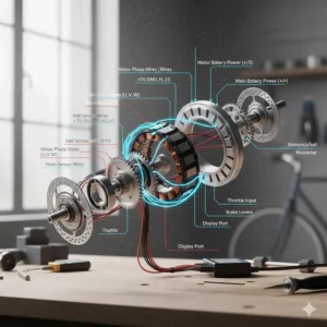 Detailed wiring diagram for connecting the controller to the electric bike wheel motor's power and sensor cables.