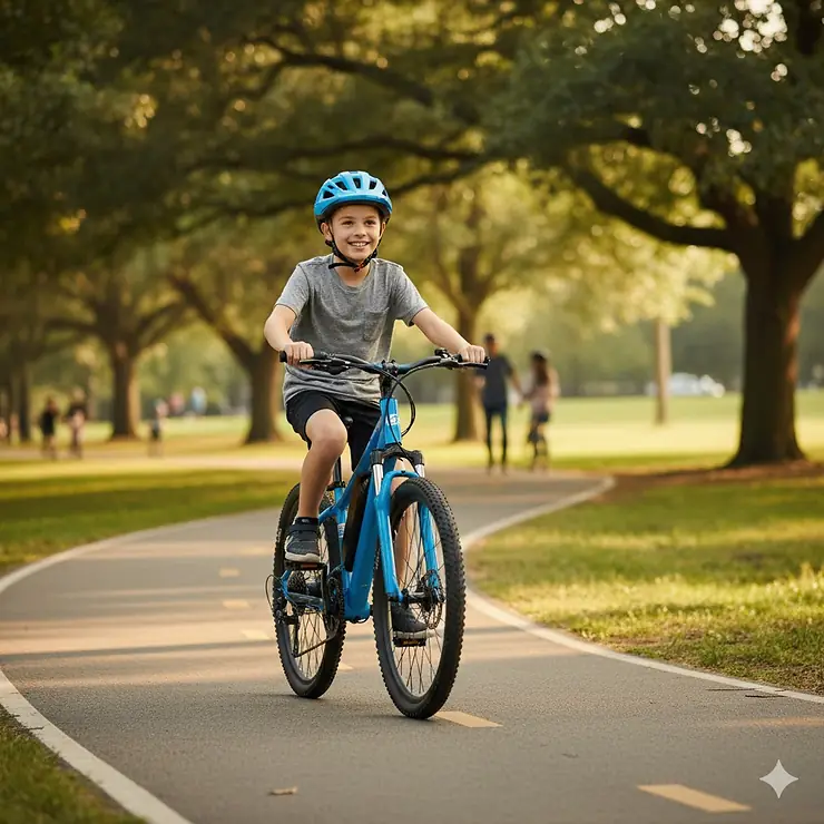 A happy 10-year-old rides a blue, age-appropriate electric bike on a bike path, wearing a properly fitted safety helmet.