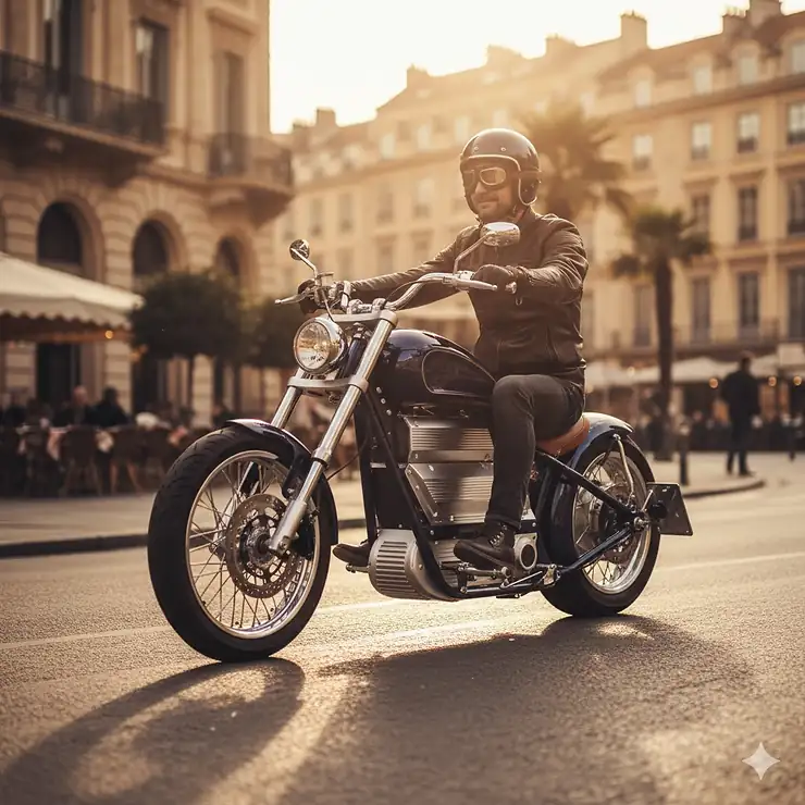 A sleek, custom electric chopper bike with wide handlebars and comfortable seating cruising down a sunny city street.
