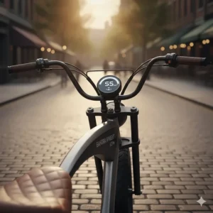 The digital display and comfortable handlebars of a modern adult electric chopper bike.