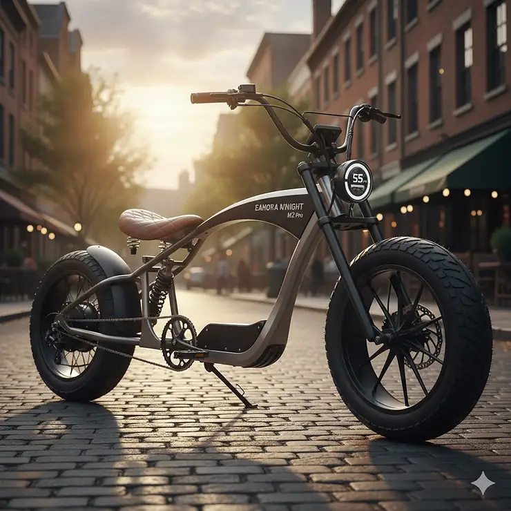 A stylish, low-slung black electric chopper bike for adults with fat tires, parked on a sunny city street.