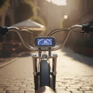 A clear view of the LCD display showing speed, battery life, and pedal-assist level on the electric chopper bike handlebars.
