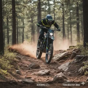 An electric dirt bike demonstrating exceptional power while climbing a steep, rocky hill.