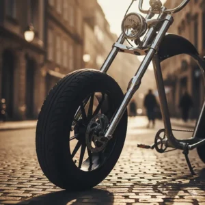 The extended front fork and chunky, fat-tire wheel characteristic of a true chopper-style electric bicycle.