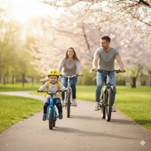 Family enjoying an outdoor adventure on a bike path, with the toddler keeping up on their electric bike.
