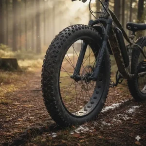 Extra-wide fat tires provide superior traction for off-road electric bikes for hunting in deep snow or mud.