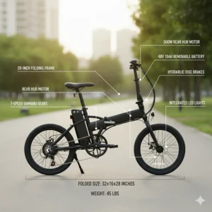 Graphic displaying the size and specifications of a lightweight, folding 20-inch electric bike.