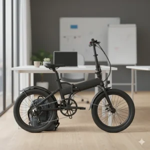 Compact, folded 24 inch electric bike next to a commuter's desk in an office