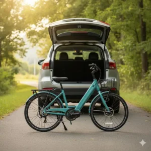 A compact folding electric bike, demonstrating its convenience for storage and transport by seniors.