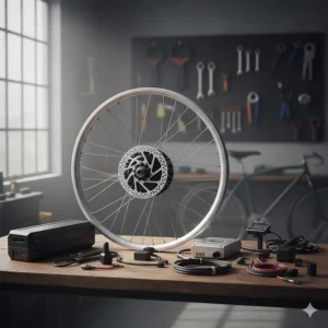 A complete front-wheel electric bike wheel conversion kit laid out, including the motor, battery, and controller.