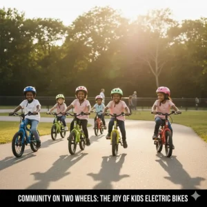Group of children on various electric bikes for kids, promoting fun, social outdoor riding.