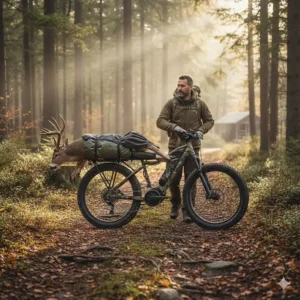 Heavy-duty rear rack designed for superior hauling capacity on a silent electric hunting bike.