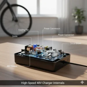Cutaway view of the internal components of a high-speed 48 volt ebike charger.