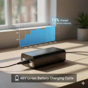 Step-by-step graphic illustrating the correct process to charge a 48V ebike battery.