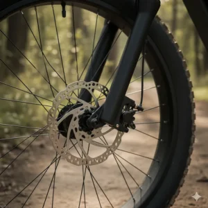 View of the responsive hydraulic disc brake caliper and rotor for safe stopping on a 26 inch electric bike.