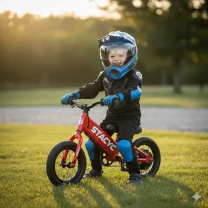 A happy child in full safety gear, including a helmet and gloves, sitting on their STACYC electric bike before a ride.