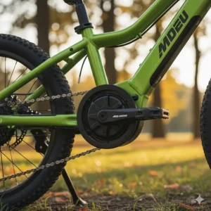 Technical illustration highlighting the position of a mid-drive motor system on a child's electric mountain bike.