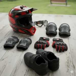 Essential safety gear for kids electric bike, including helmet, knee pads, and gloves.