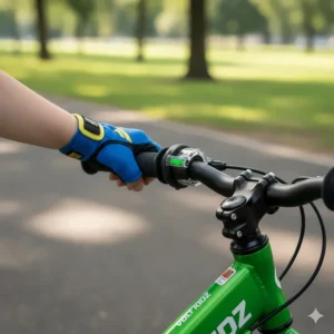Close-up of a child's hand on the easy-to-use throttle of a safe electric bike for kids.