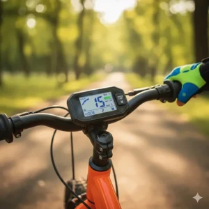 Close-up view of the handlebar and speed-limiting control panel on a kids electric bike, which allows parents to set maximum speed.