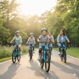 Family enjoying a group ride, with a child keeping up on their kids electric bike, showcasing the fun and benefit of shared outdoor activity.