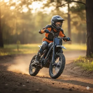 Older child riding a rugged, all-terrain kids electric dirt bike on a safe dirt track or trail.