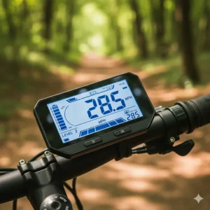 Digital LCD display screen showing the speed, battery life, and pedal assist level of a 26 inch e-bike.