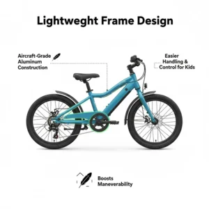 Illustration of a kids' electric bike frame, noting the importance of lightweight aluminum construction for better control by a 10-year-old.